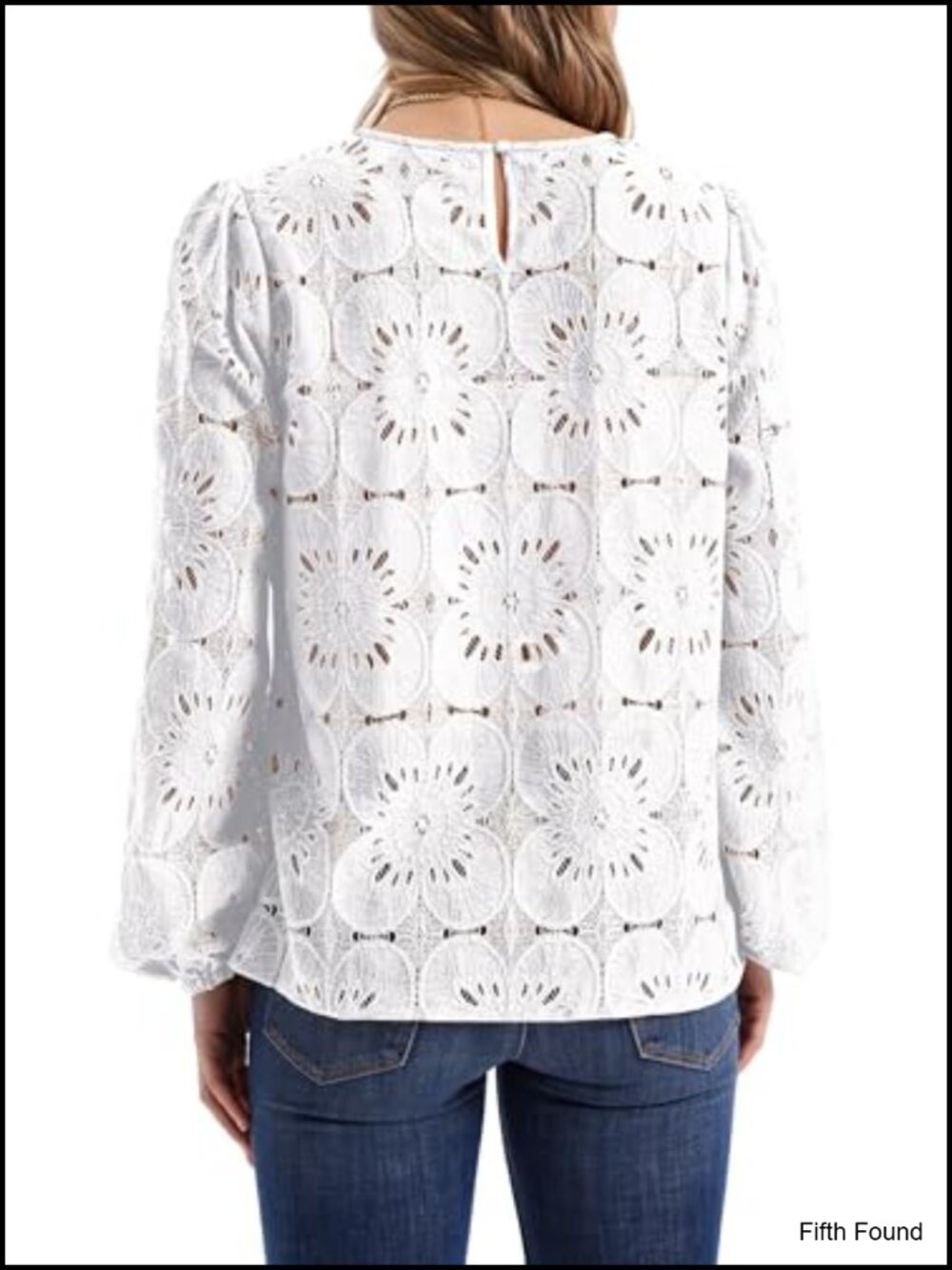 Boho Lace Long Sleeve Blouse Flowy Elastic Cuff Puff Sleeve Button Back - Picture 3 of 6